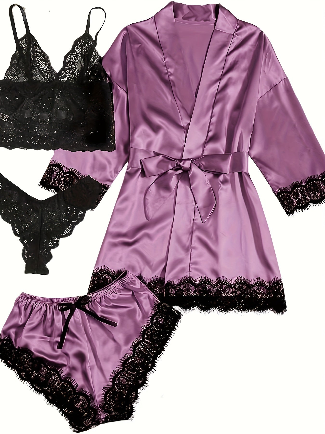 Aurora – Satin Lace Lounge Set with Kimono & Shorts