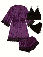 Aurora – Satin Lace Lounge Set with Kimono & Shorts