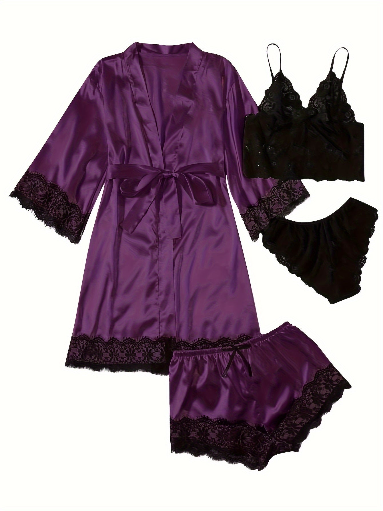 Aurora – Satin Lace Lounge Set with Kimono & Shorts