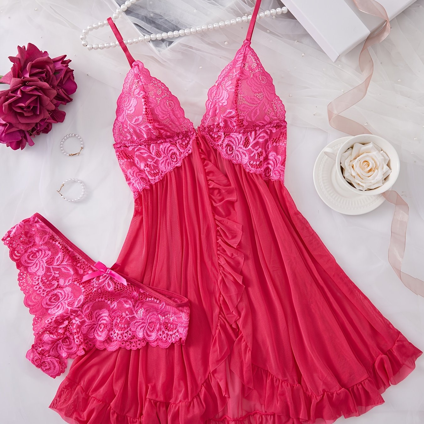 Lucia – Lace Front-Slit Chemise & Slip Set