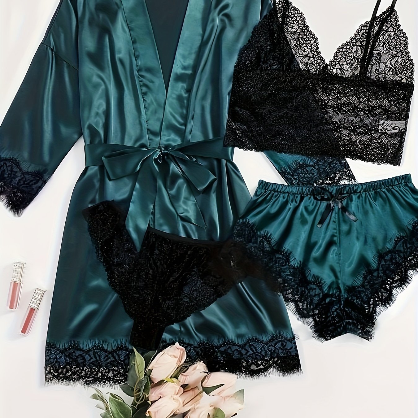 Aurora – Satin Lace Lounge Set with Kimono & Shorts