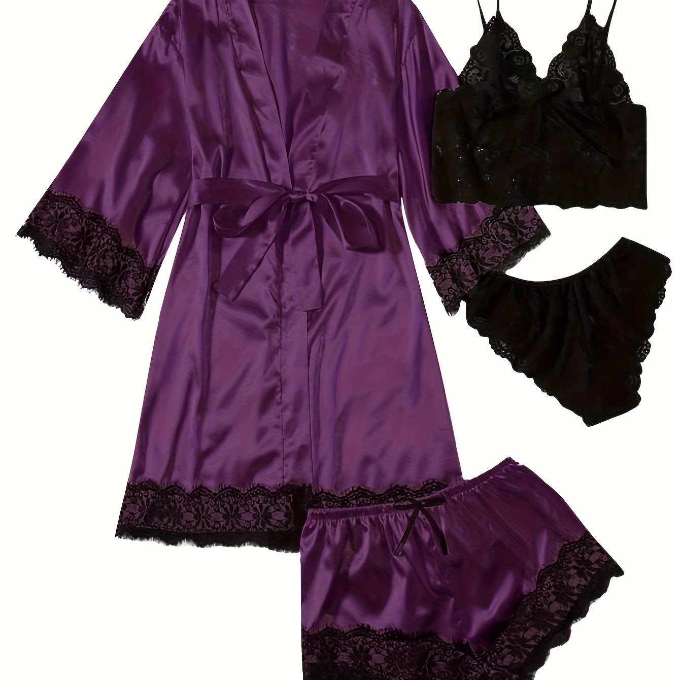 Aurora – Satin Lace Lounge Set with Kimono & Shorts