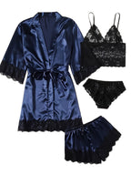 Aurora – Satin Lace Lounge Set with Kimono & Shorts