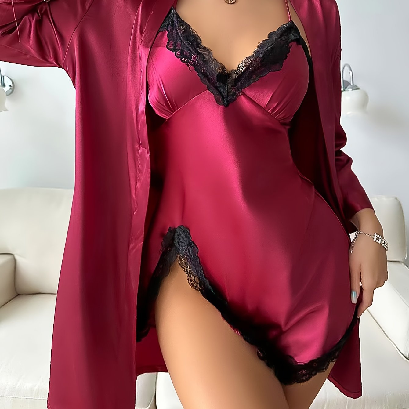 Elvira – Satin Robe & V-Neck Lace Slip Set