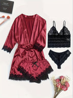 Aurora – Satin Lace Lounge Set with Kimono & Shorts