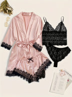 Aurora – Satin Lace Lounge Set with Kimono & Shorts